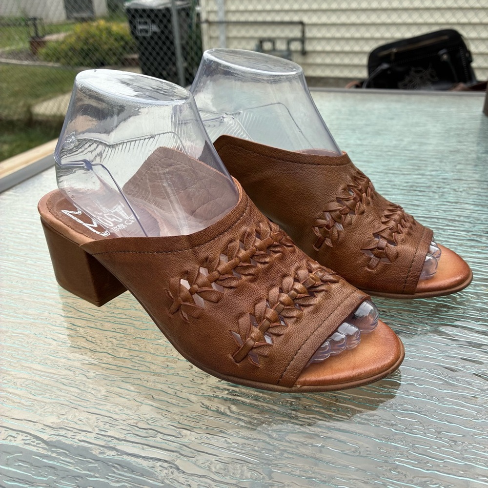 Miz Mooz Briar Whipstitch Brandy Leather Block Heel Slide Mule Sandals
